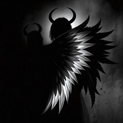 The primary subject of the image is a person with a large, angelic wing. The setting is a dark room, and the visual style appears to be a combination of a photo and digital art. The dominant colors are black and white, creating a moody atmosphere.